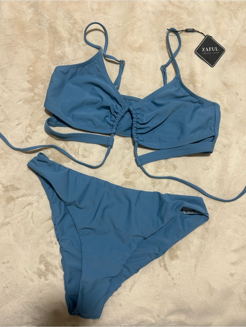 ZAFUL Dusty Blue Ruched Drawstring Bikini Set